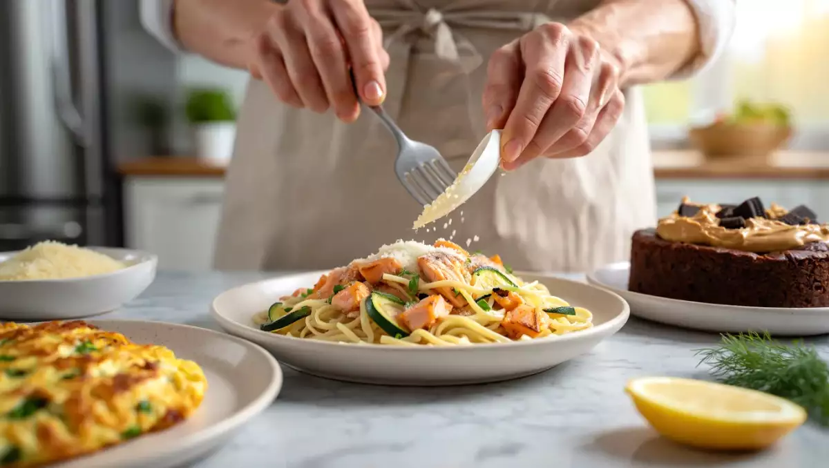 Dagens meny, 2 juli 2026: krispig pastaomelett, frisk lax- och zucchinipasta och Oreo-jordnötsbrownie