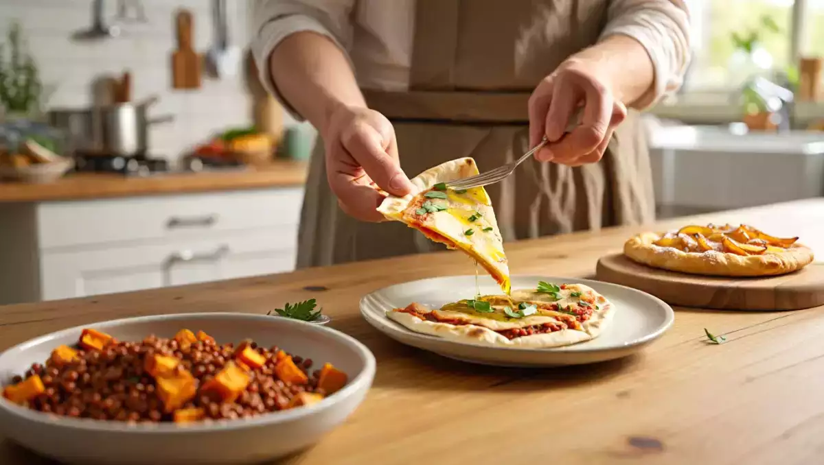 Dagens meny, 1 juli 2026: färgstark lins- och sötpotatissallad, pizza tortilla express och klassisk äppeltårta