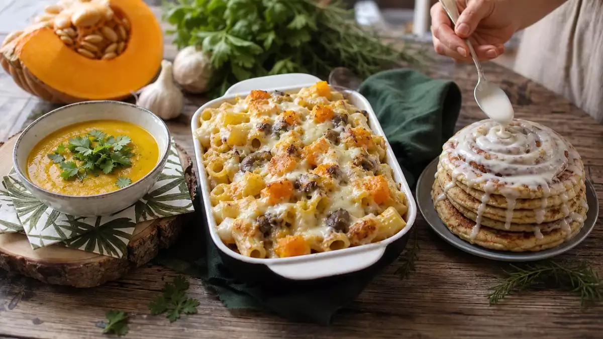 Höstmeny med pumpasoppa, krämig svamppasta och kanelbullspannkakor