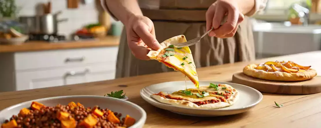 Dagens meny, 1 juli 2026: färgstark lins- och sötpotatissallad, pizza tortilla express och klassisk äppeltårta