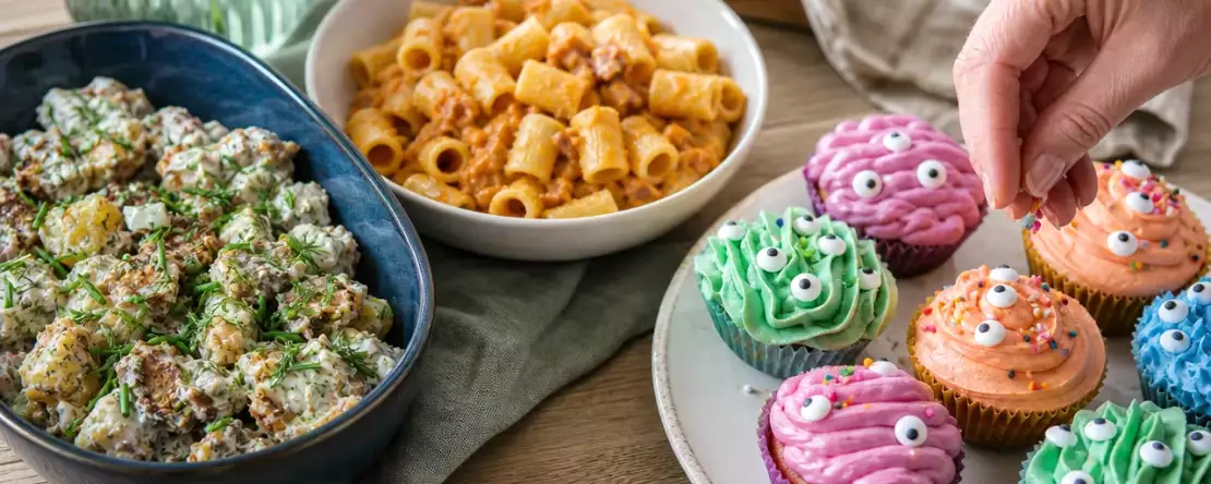Dagens meny, 28 oktober: krispig gurksallad, pumpapasta och monstercupcakes