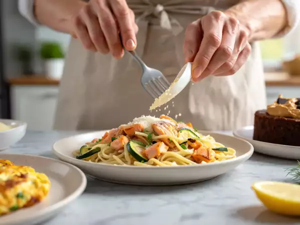 Dagens meny, 2 juli 2026: krispig pastaomelett, frisk lax- och zucchinipasta och Oreo-jordnötsbrownie