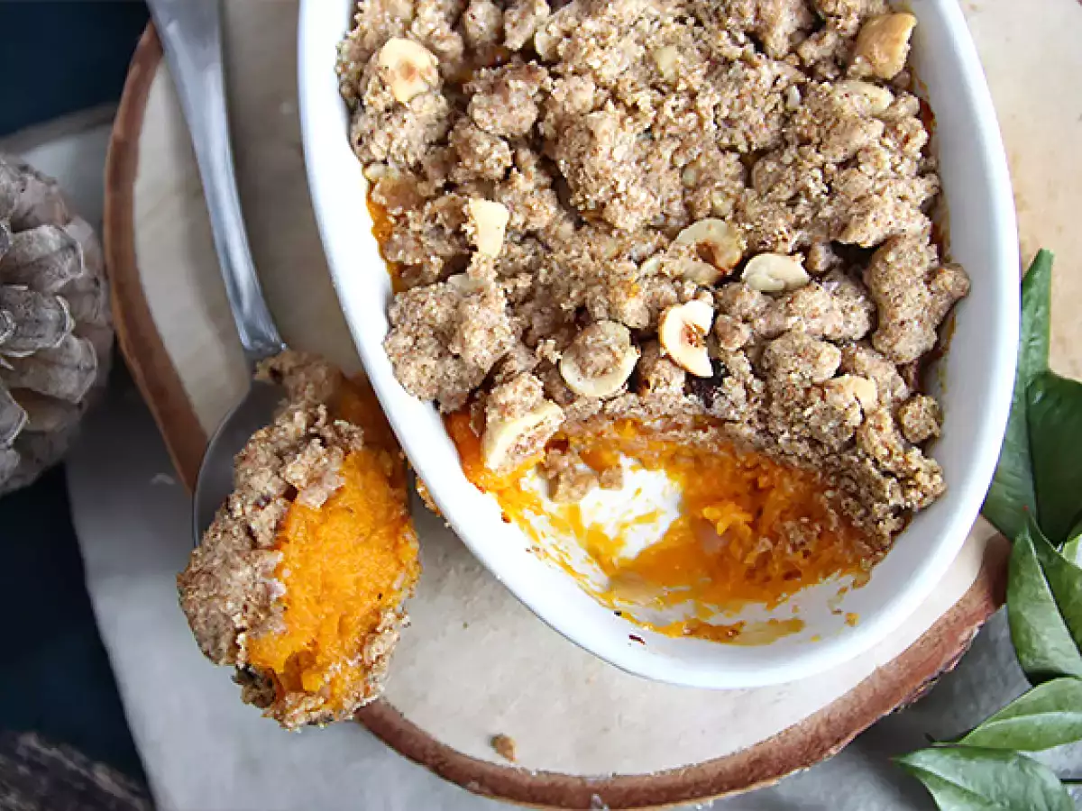 Recept Butternutcrumble med hasselnötter