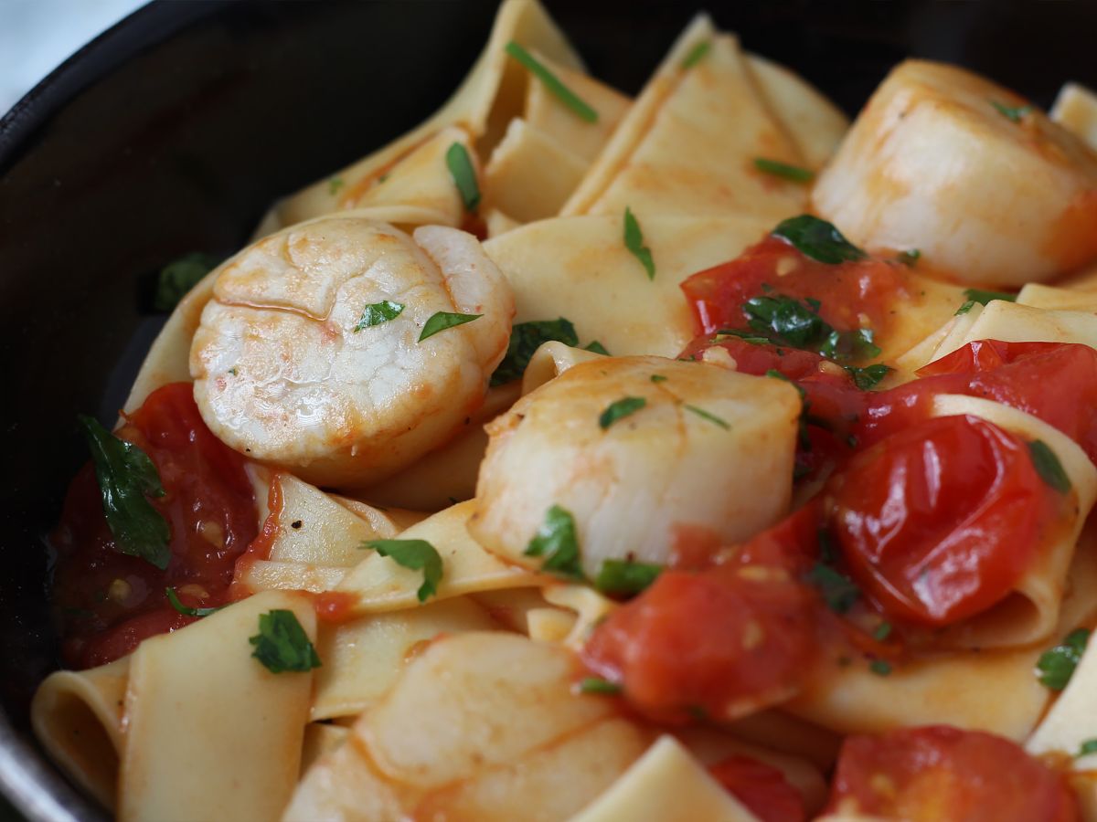 Pasta med pilgrimsmusslor, en elegant förrätt med skaldjur - foto 3
