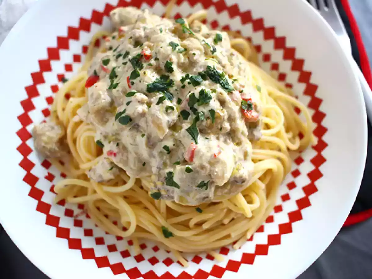 Spaghetti med aubergine carbonara